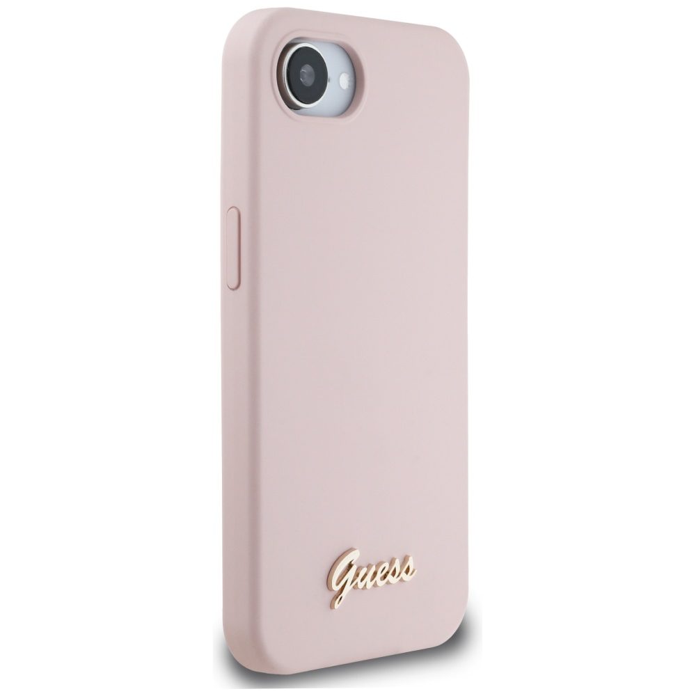 Guess HC Silicone Script Metal Logo Case for iPhone 16e Pink