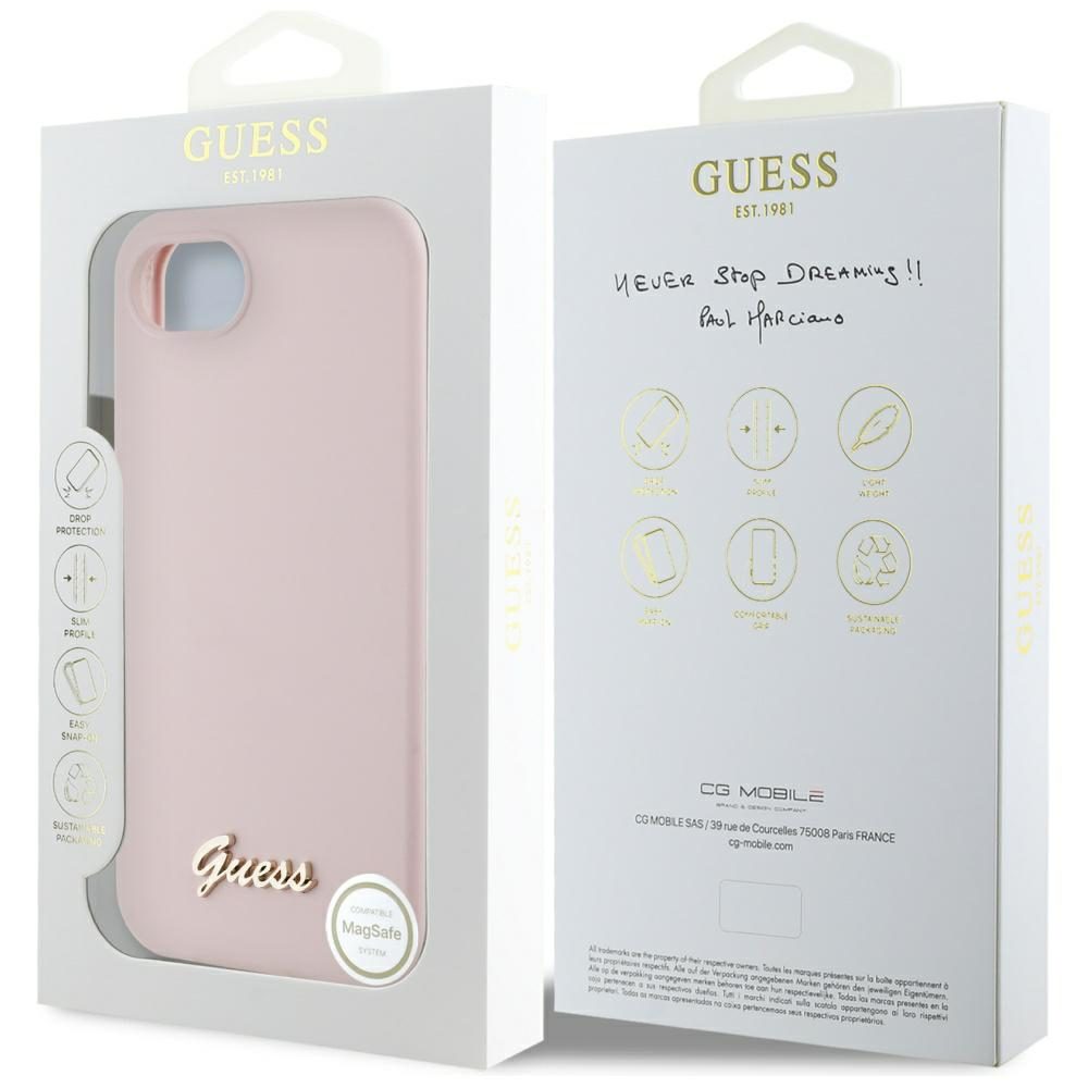 Guess HC Silicone Script Metal Logo Case for iPhone 16e Pink