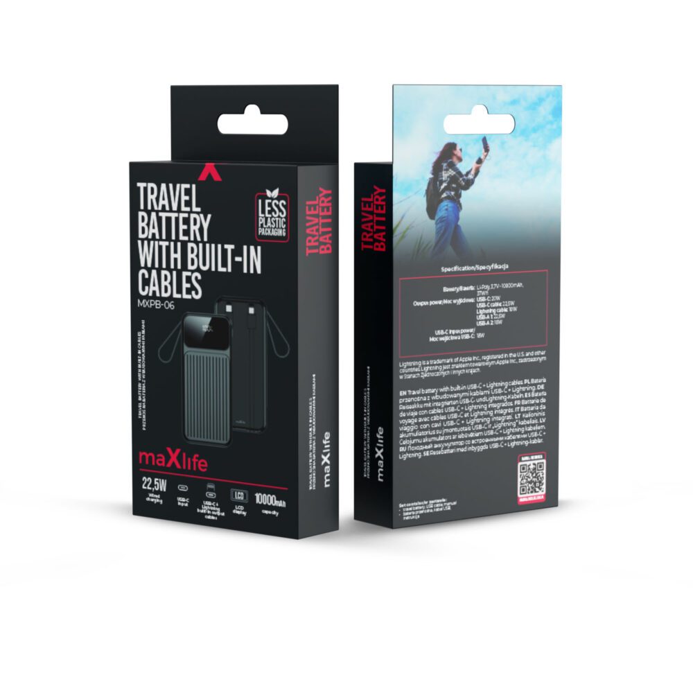 Maxlife power bank with built-in cables MXPB-06 PD QC 22,5W 10000 mAh black