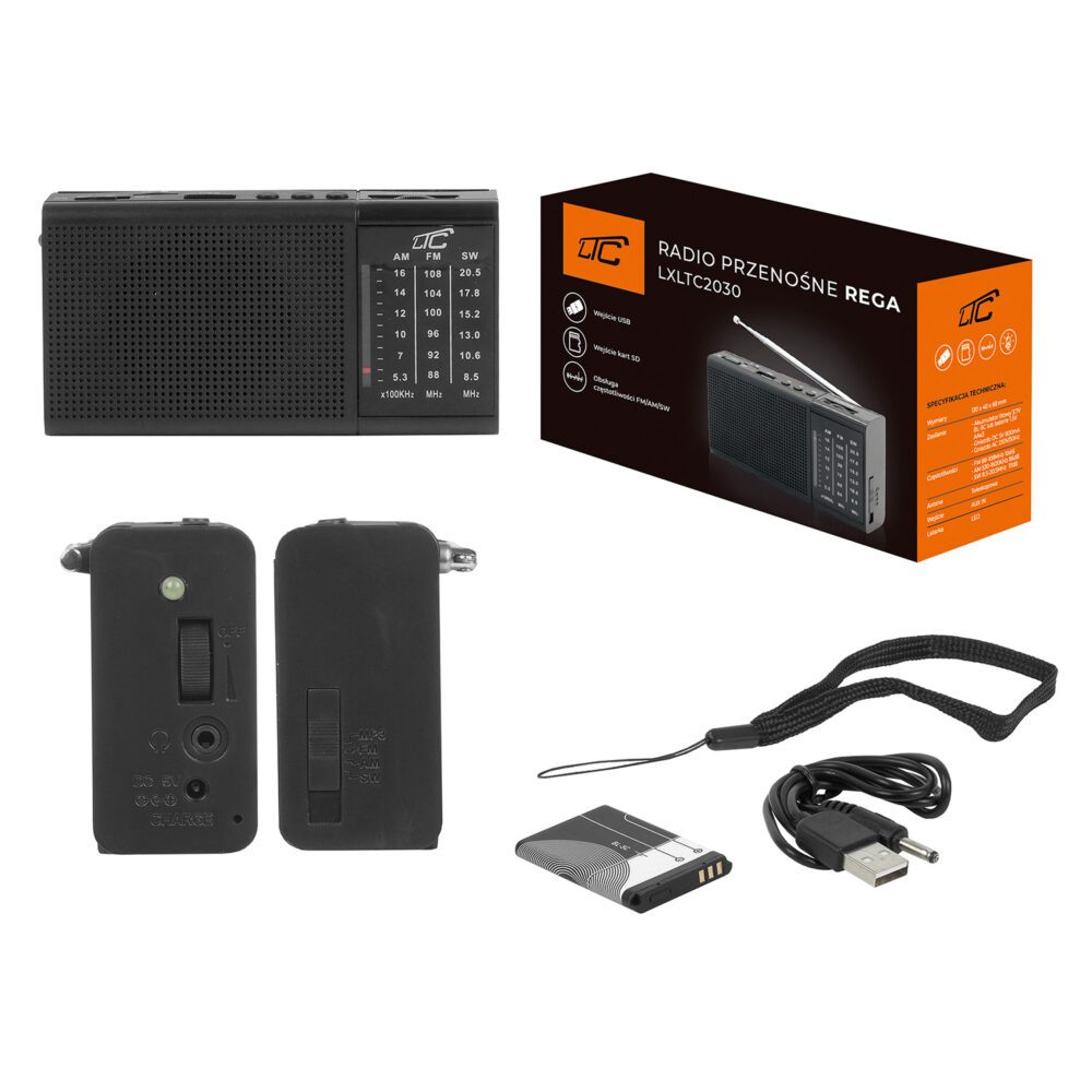 LTC portable radio REGA, USB, TF, AUX, mini LED flashlight, black