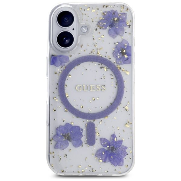 Guess HC MagSafe Resin Flowers and Glitter case for iPhone 16 Purple