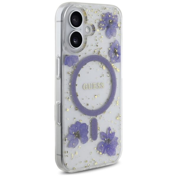 Guess HC MagSafe Resin Flowers and Glitter case for iPhone 16 Purple
