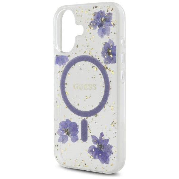 Guess HC MagSafe Resin Flowers and Glitter case for iPhone 16 Purple