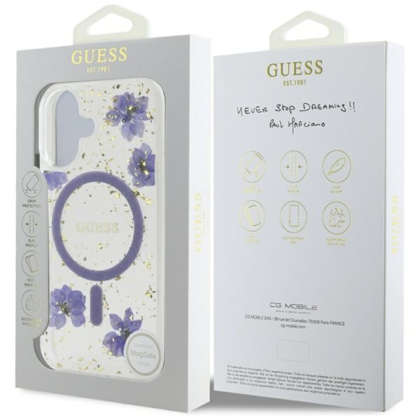 Guess HC MagSafe Resin Flowers and Glitter case for iPhone 16 Purple
