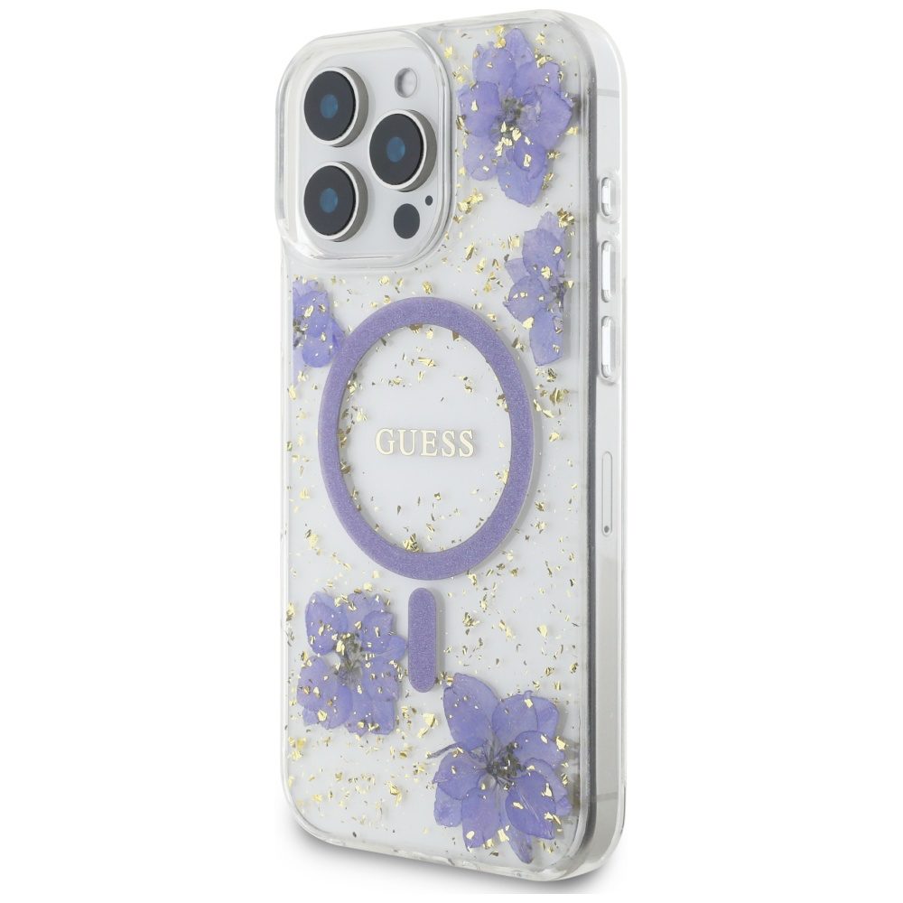 Guess HC MagSafe Resin Flowers and Glitter case for iPhone 16 Pro Purple