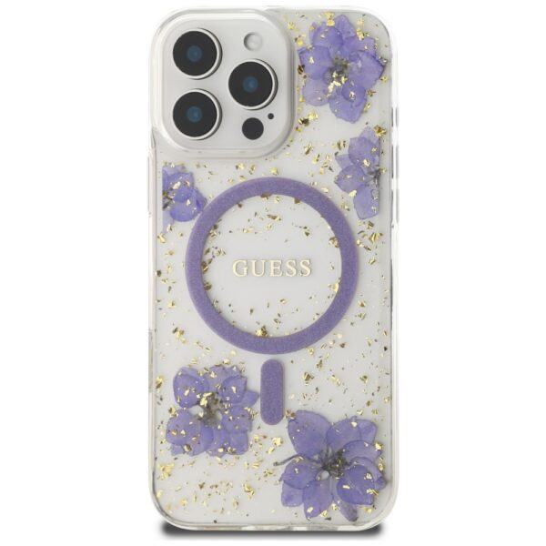 Guess HC MagSafe Resin Flowers and Glitter case for iPhone 16 Pro Purple