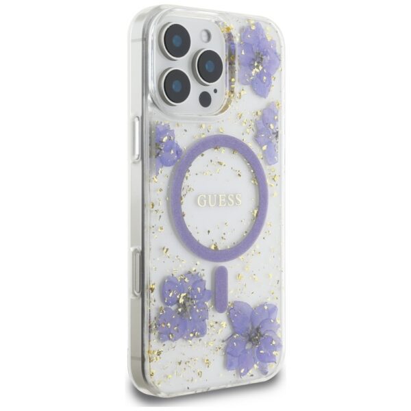 Guess HC MagSafe Resin Flowers and Glitter case for iPhone 16 Pro Purple