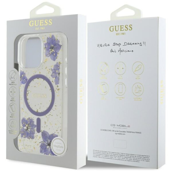 Guess HC MagSafe Resin Flowers and Glitter case for iPhone 16 Pro Purple