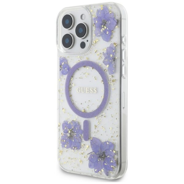 Guess HC MagSafe Resin Flowers and Glitter case for iPhone 16 Pro Max Purple