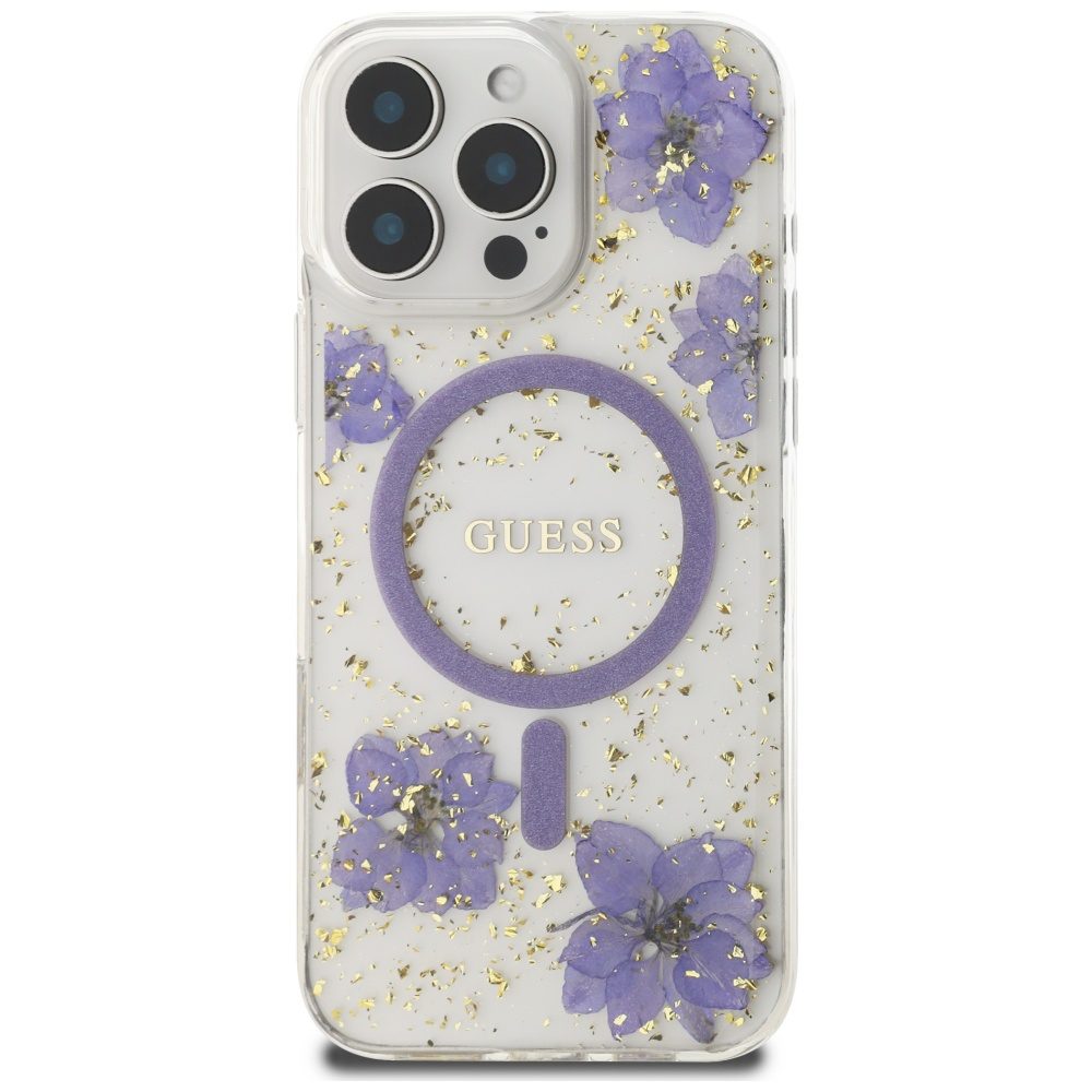 Guess HC MagSafe Resin Flowers and Glitter case for iPhone 16 Pro Max Purple