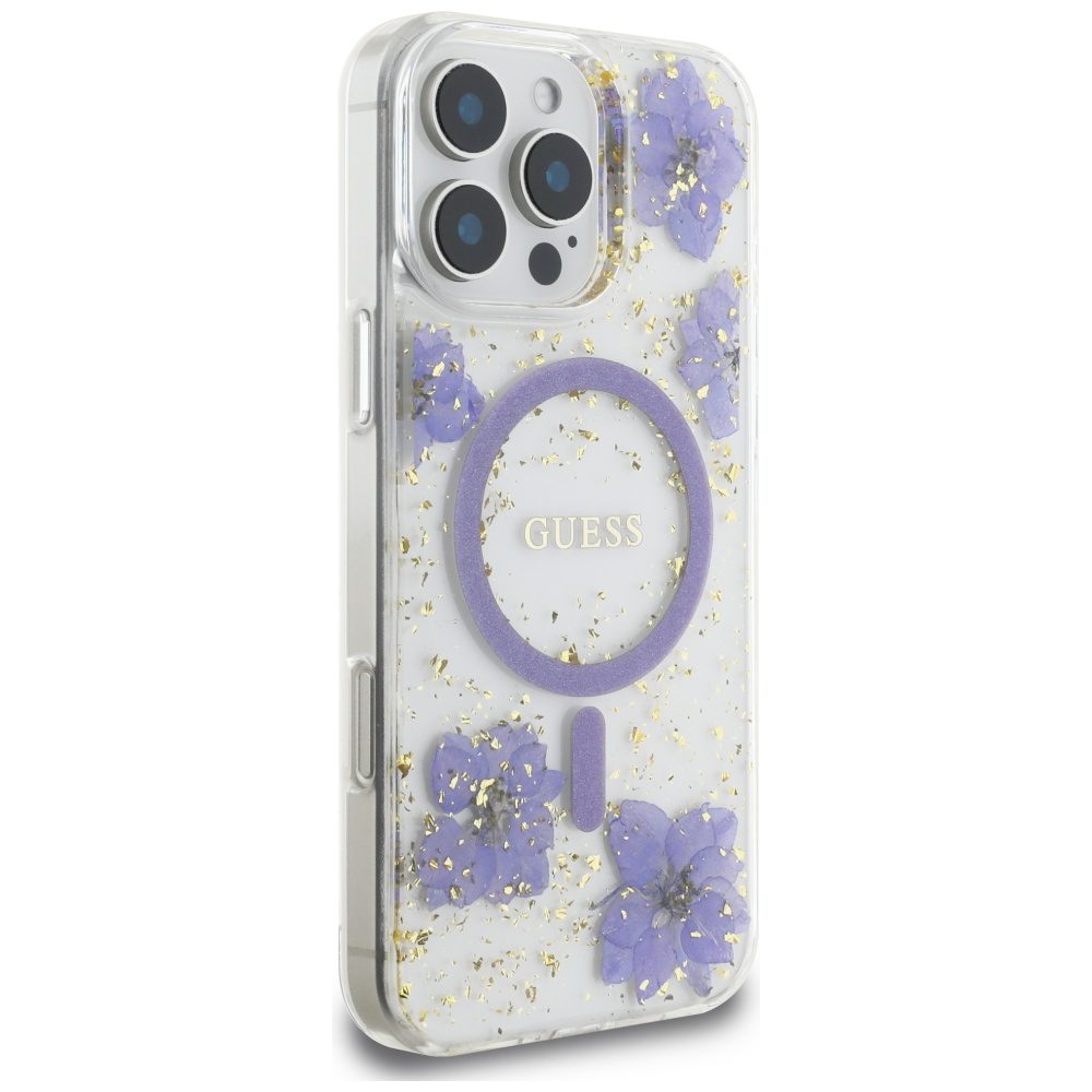 Guess HC MagSafe Resin Flowers and Glitter case for iPhone 16 Pro Max Purple