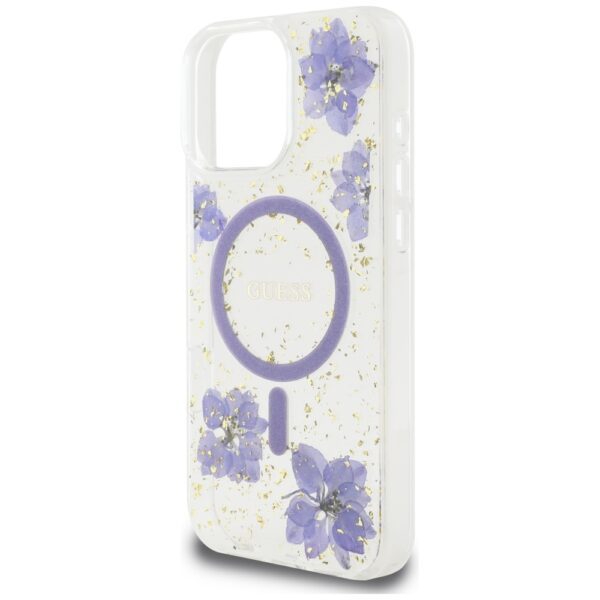 Guess HC MagSafe Resin Flowers and Glitter case for iPhone 16 Pro Max Purple