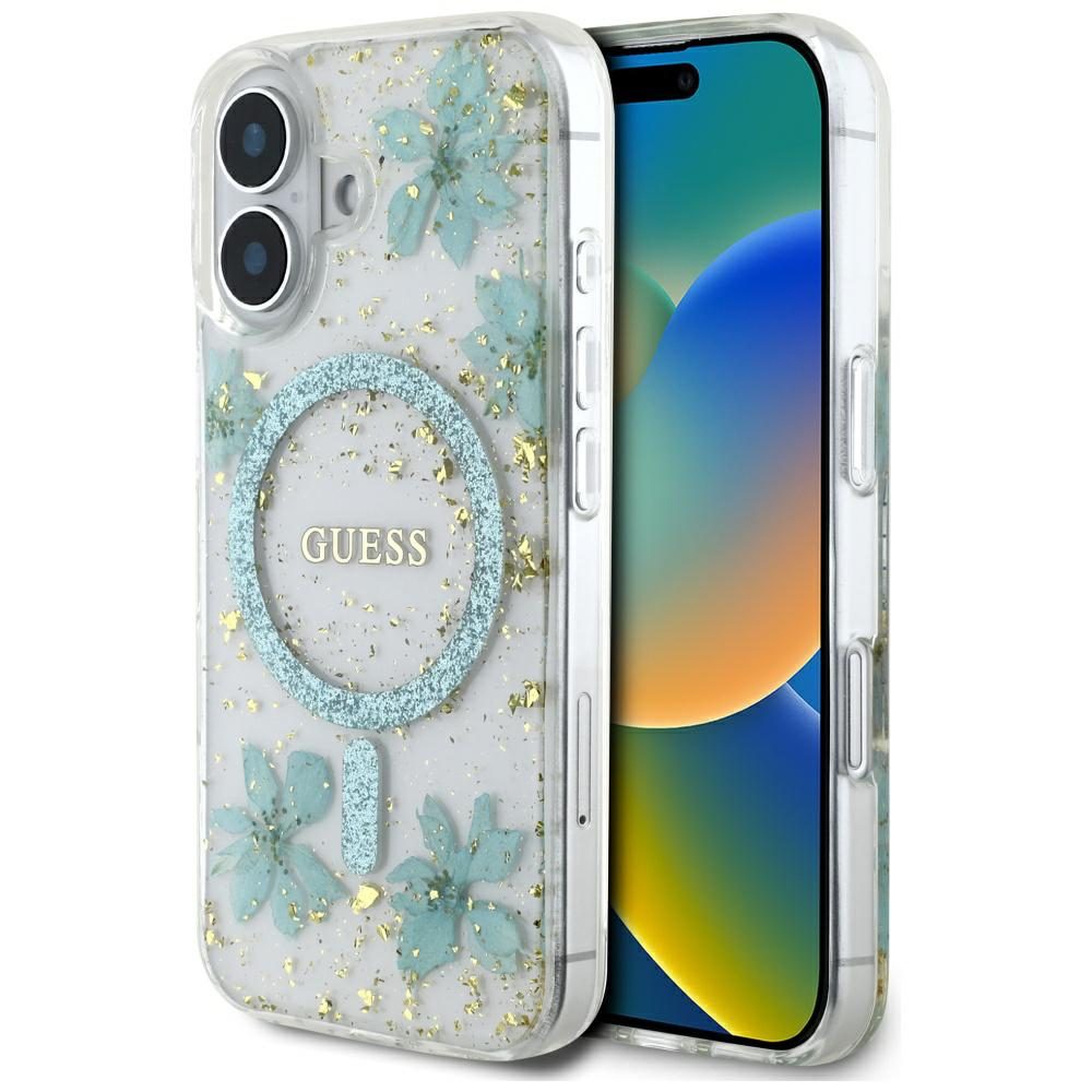 Guess HC MagSafe Resin Flowers and Glitter case for iPhone 16 Turquoise