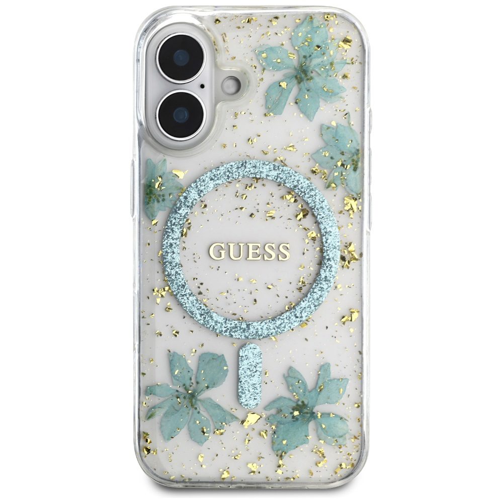 Guess HC MagSafe Resin Flowers and Glitter case for iPhone 16 Turquoise
