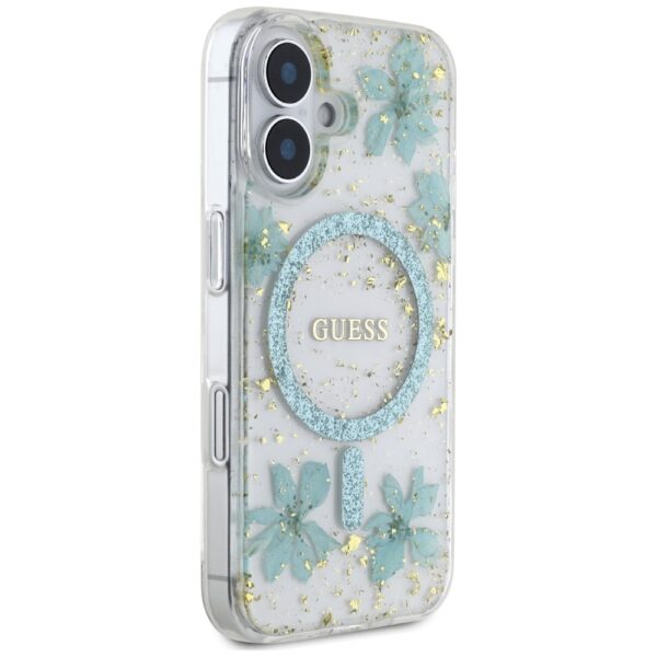 Guess HC MagSafe Resin Flowers and Glitter case for iPhone 16 Turquoise