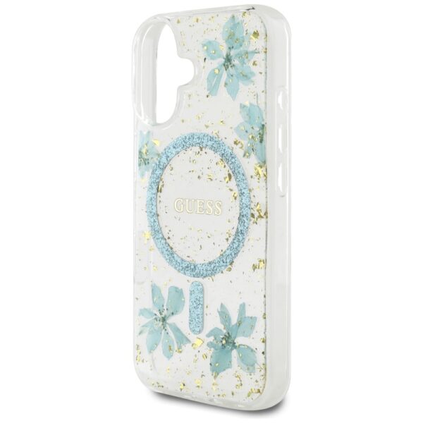 Guess HC MagSafe Resin Flowers and Glitter case for iPhone 16 Turquoise
