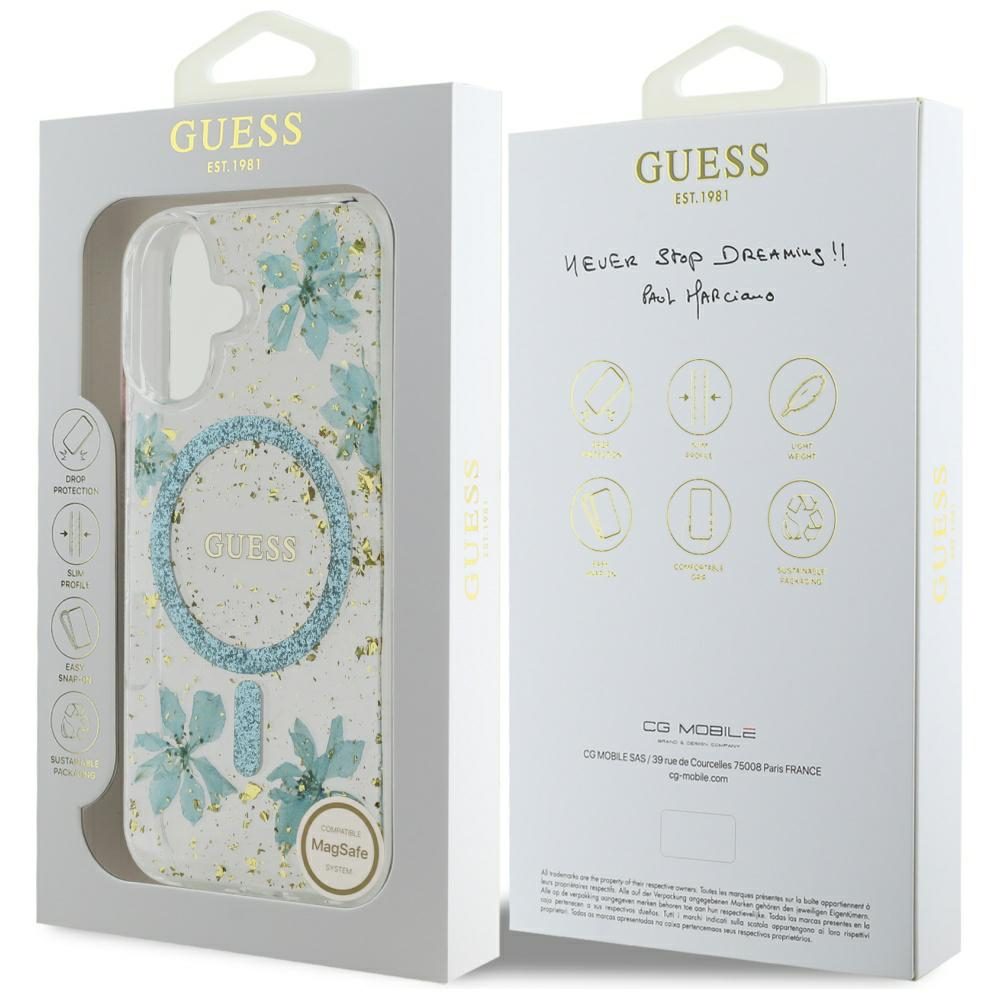 Guess HC MagSafe Resin Flowers and Glitter case for iPhone 16 Turquoise