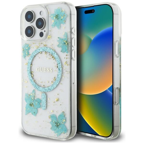 Guess HC MagSafe Resin Flowers and Glitter case for iPhone 16 Pro Turquoise