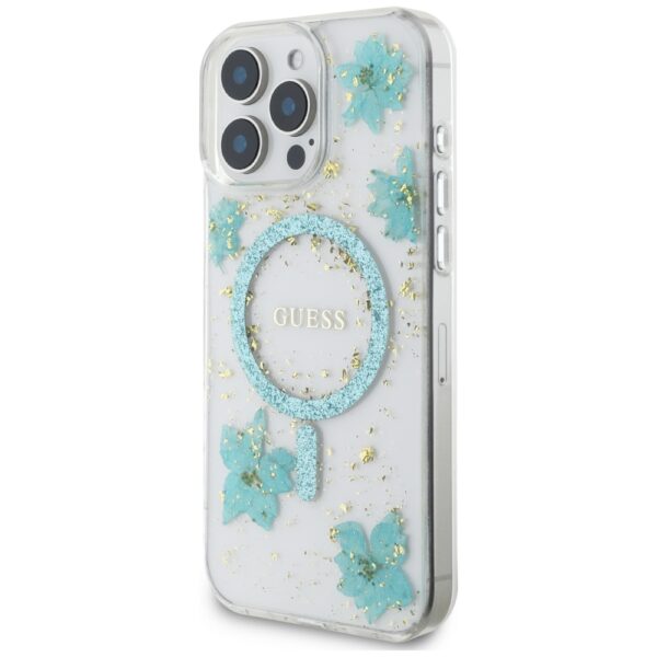 Guess HC MagSafe Resin Flowers and Glitter case for iPhone 16 Pro Turquoise
