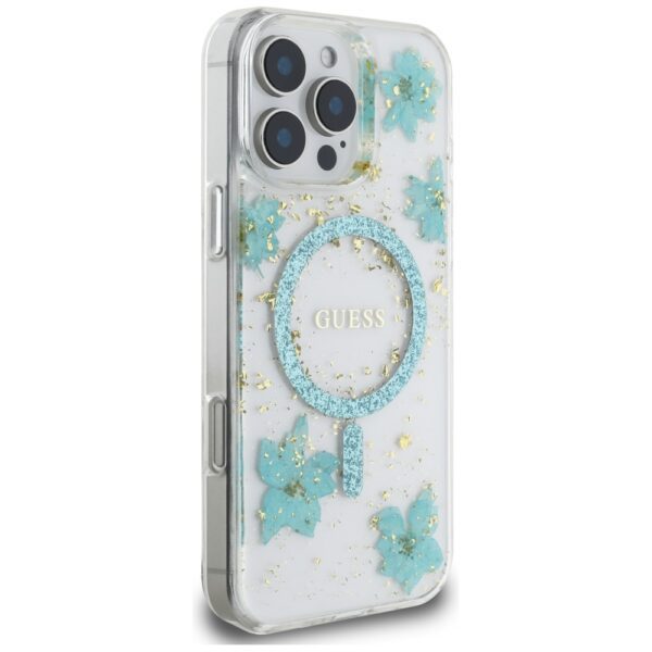 Guess HC MagSafe Resin Flowers and Glitter case for iPhone 16 Pro Turquoise