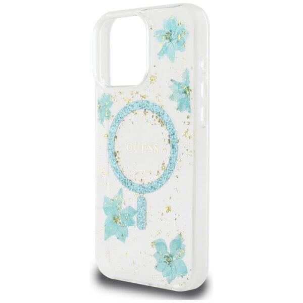 Guess HC MagSafe Resin Flowers and Glitter case for iPhone 16 Pro Turquoise