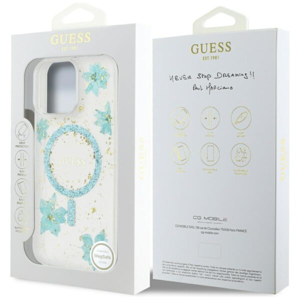 Guess HC MagSafe Resin Flowers and Glitter case for iPhone 16 Pro Turquoise