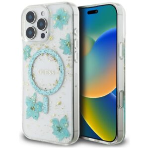 Guess HC MagSafe Resin Flowers and Glitter case for iPhone 16 Pro Max Turquoise