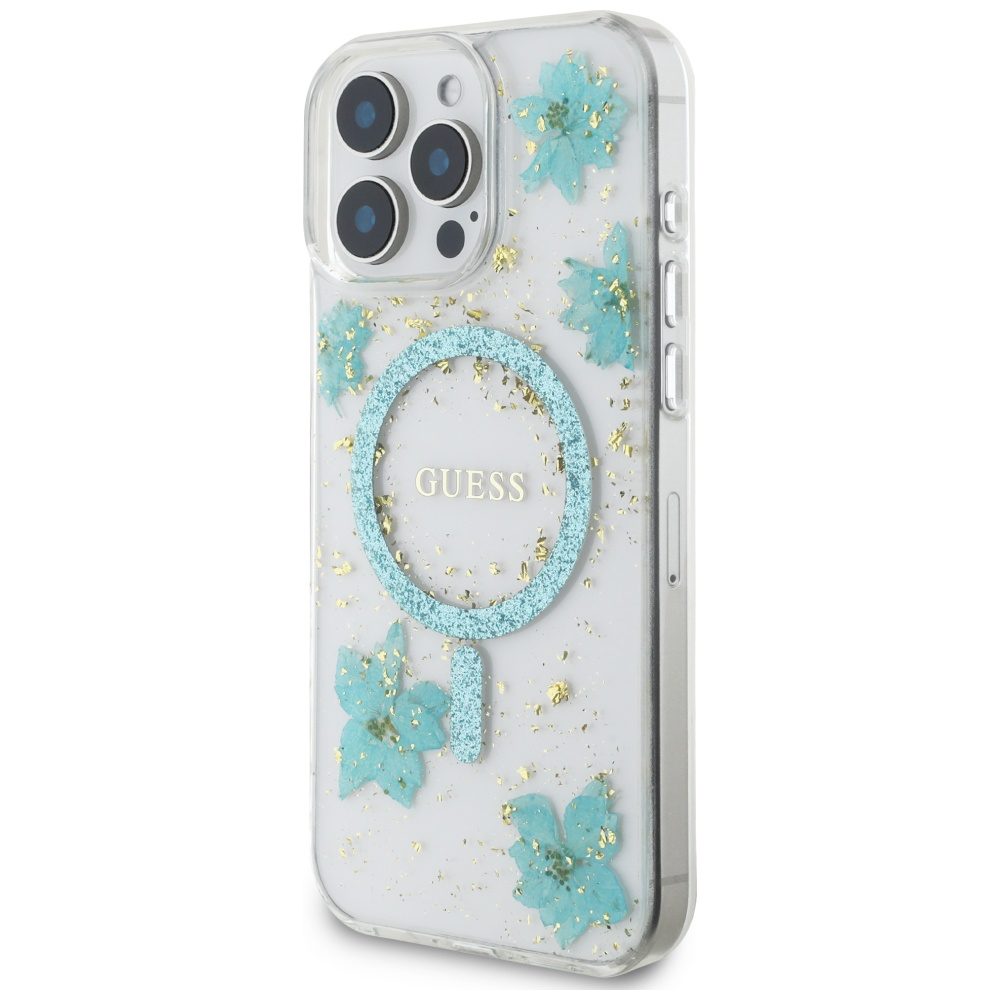 Guess HC MagSafe Resin Flowers and Glitter case for iPhone 16 Pro Max Turquoise