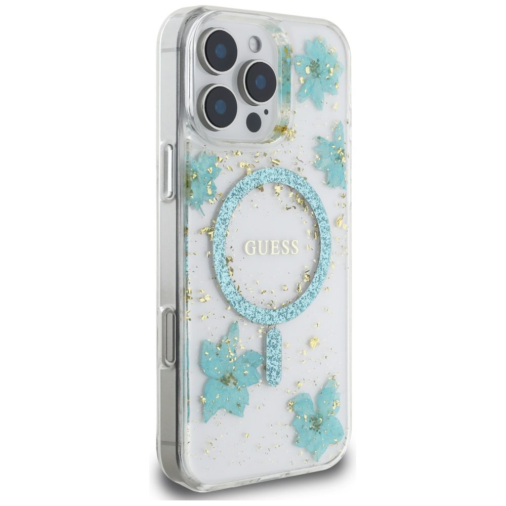 Guess HC MagSafe Resin Flowers and Glitter case for iPhone 16 Pro Max Turquoise