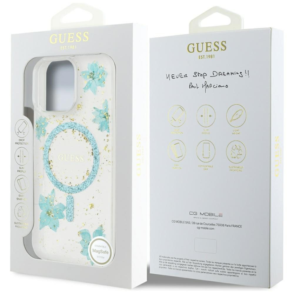 Guess HC MagSafe Resin Flowers and Glitter case for iPhone 16 Pro Max Turquoise