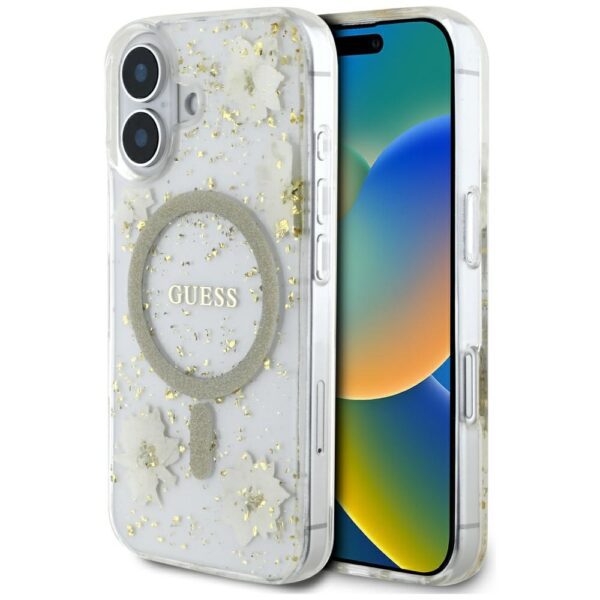 Guess HC MagSafe Resin Flowers and Glitter case for iPhone 16 Beige