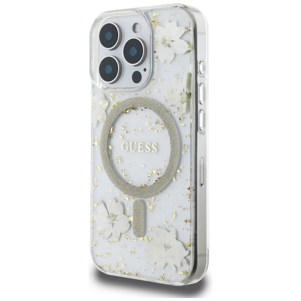 Guess HC MagSafe Resin Flowers and Glitter case for iPhone 16 Pro Beige