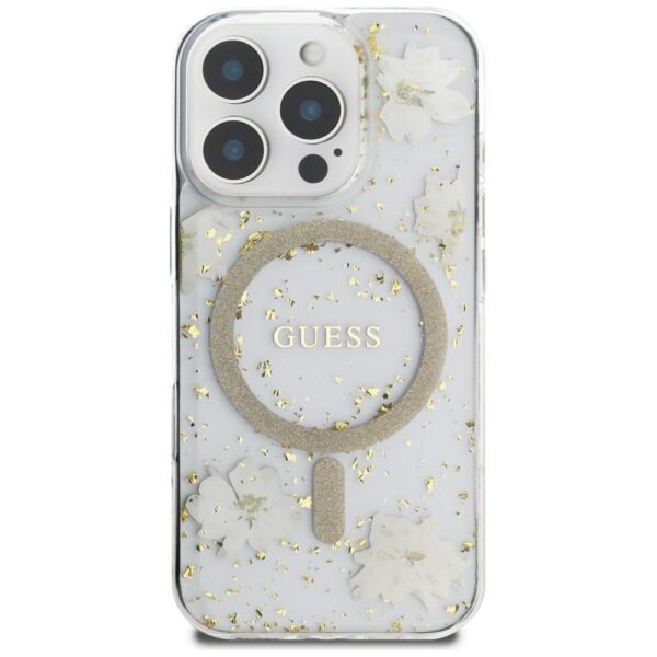 Guess HC MagSafe Resin Flowers and Glitter case for iPhone 16 Pro Beige