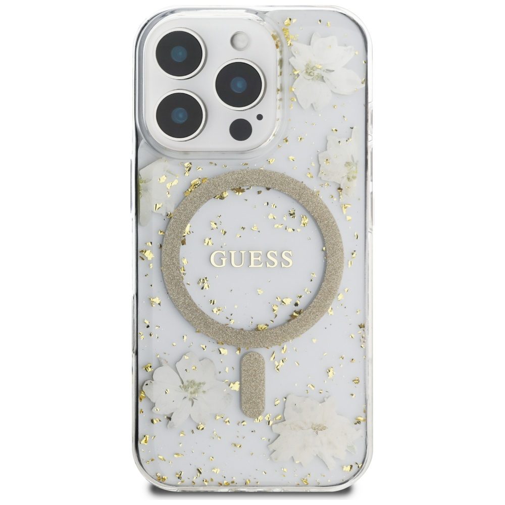 Guess HC MagSafe Resin Flowers and Glitter case for iPhone 16 Pro Beige