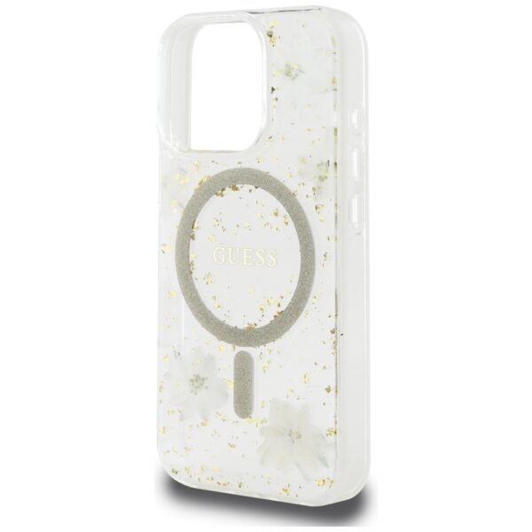 Guess HC MagSafe Resin Flowers and Glitter case for iPhone 16 Pro Beige