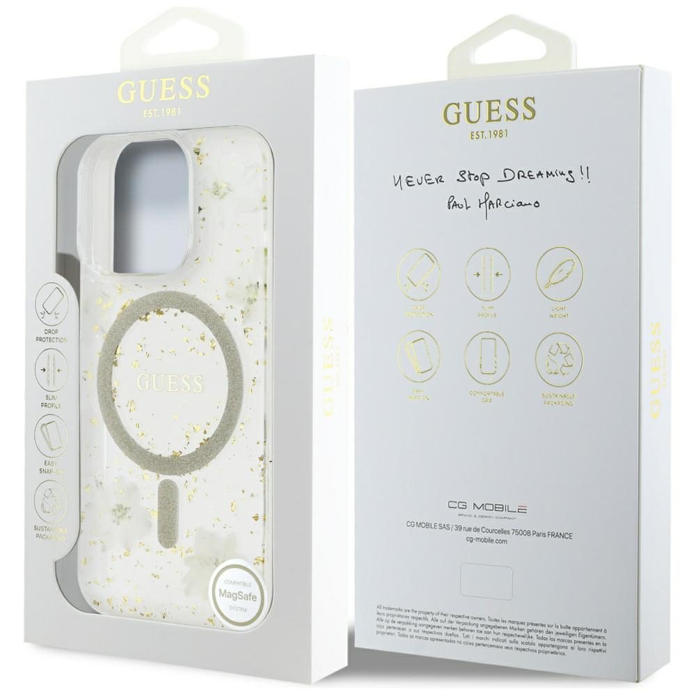 Guess HC MagSafe Resin Flowers and Glitter case for iPhone 16 Pro Beige