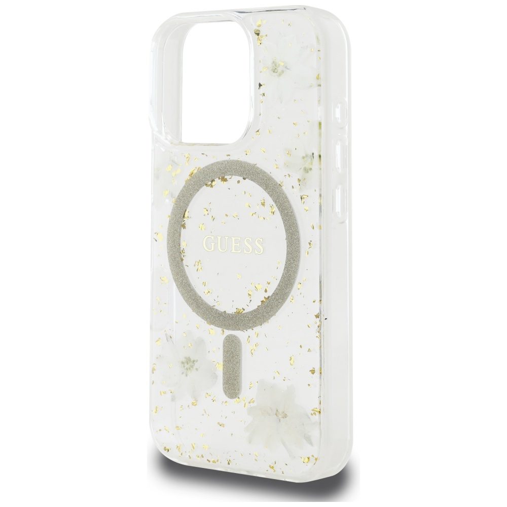 Guess HC MagSafe Resin Flowers and Glitter case for iPhone 16 Pro Max Beige
