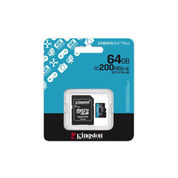 Kingston memory card 64GB microSDXC Canvas Go Plus Gen4 200MB/s A2 U3 V30 + adapter
