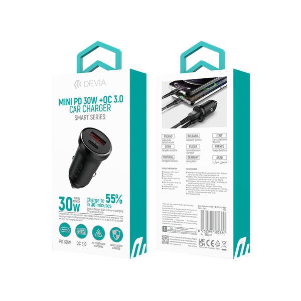 454654_oryg Devia car charger Smart Mini PD QC 3.0 30W 1x USB 1x USB-C white