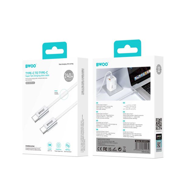 BWOO 240W braided cable USB-C - USB-C BO-X317C-C 1m white