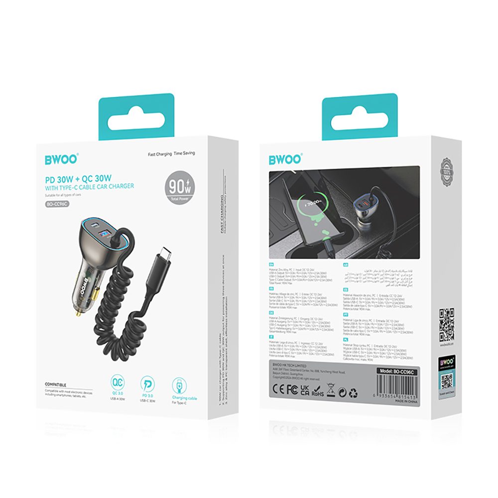 457093_oryg BWOO CC96C 30W PD car charger 1x USB-C 1x USB port with USB-C cable gray