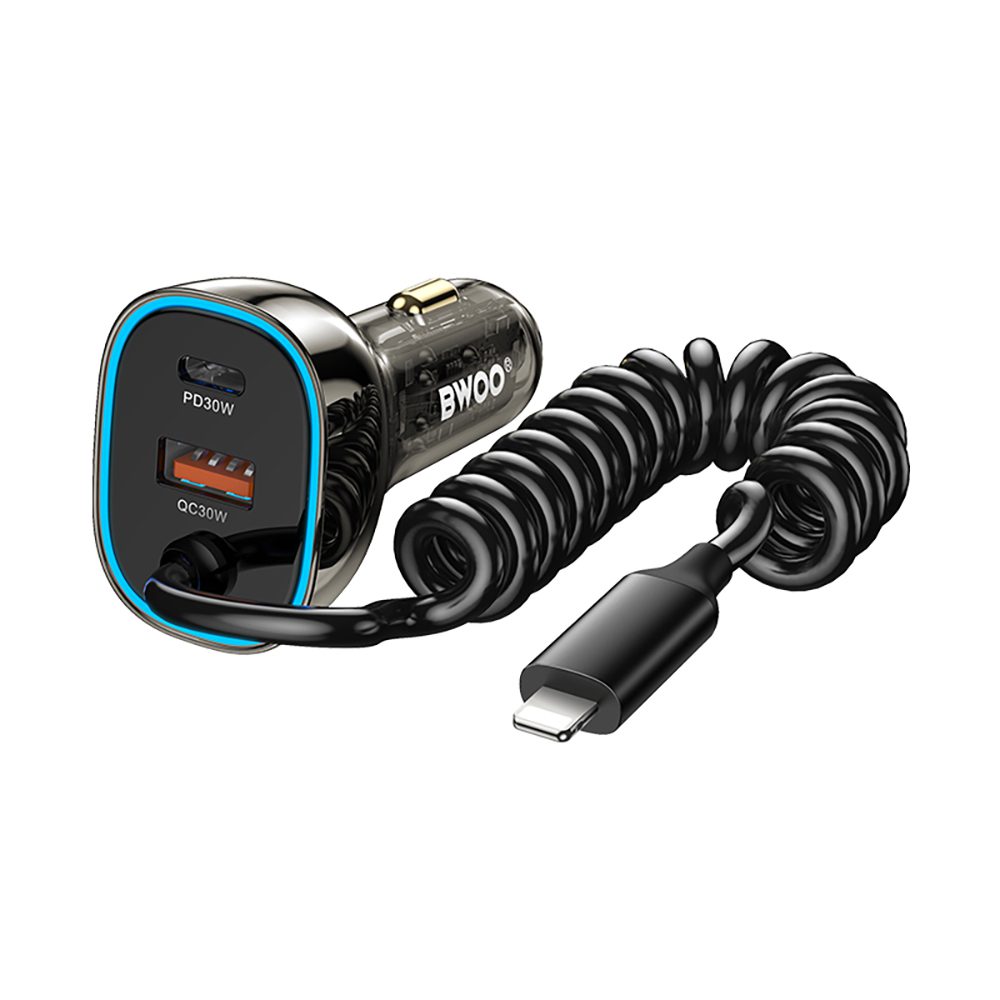 457100_oryg BWOO CC96L 30W PD car charger 1x USB-C 1x USB port with lightning cable gray