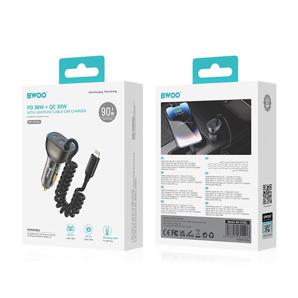 457102_oryg BWOO CC96L 30W PD car charger 1x USB-C 1x USB port with lightning cable gray