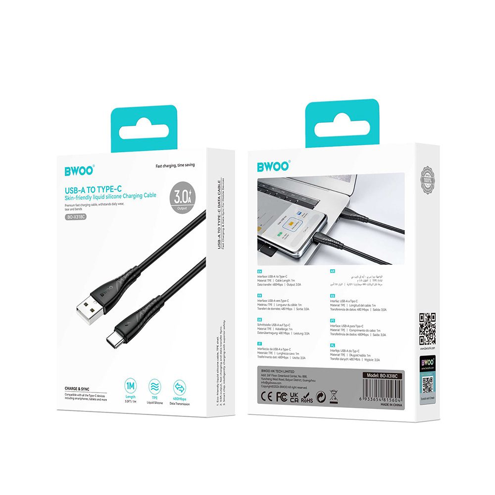 457135_oryg BWOO Cable USB - USB-C 1m 27W 3A Black BO-X318C