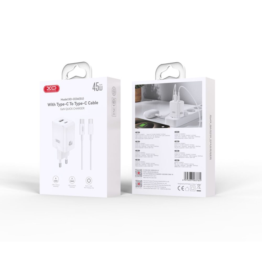 457165_oryg XO wall charger CE36 PD 45W 1x USB-C 1x USB white