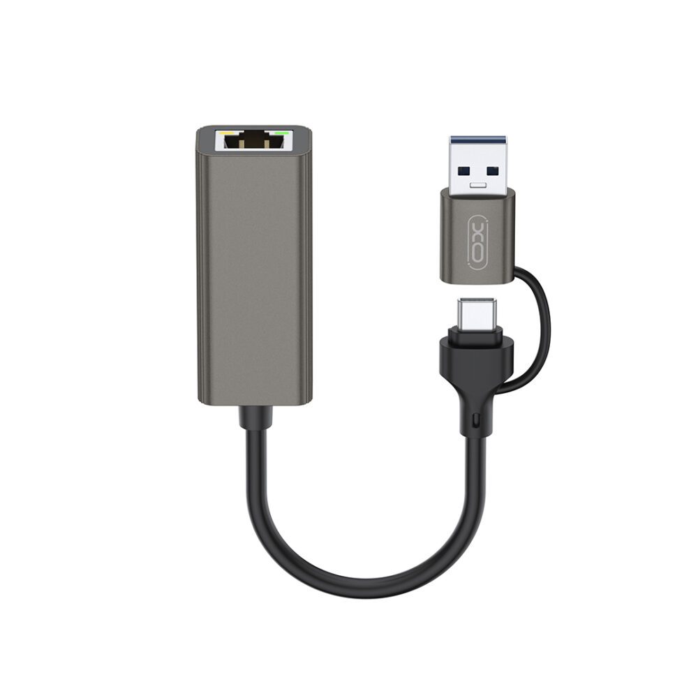 XO adapter HUB HUB018 2w1 USB-USB-C - RJ45 gray
