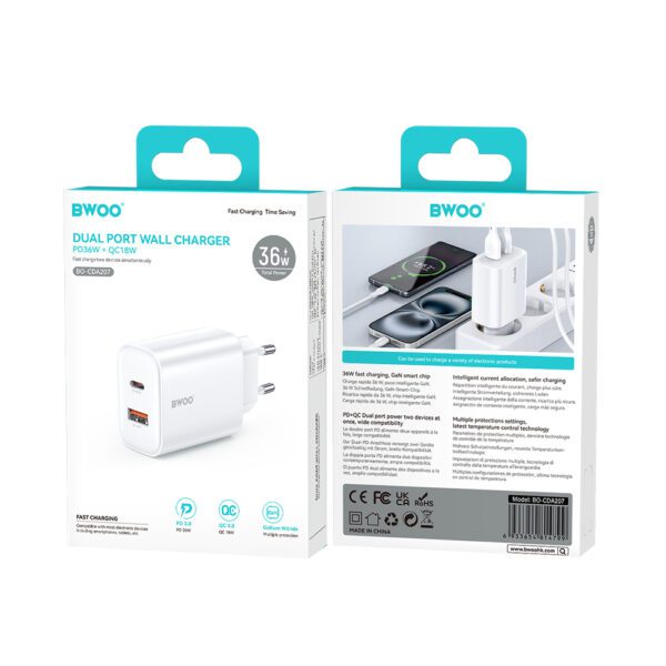 BWOO CDA207 PD wall charger 1x USB-A + USB-C port 36W white
