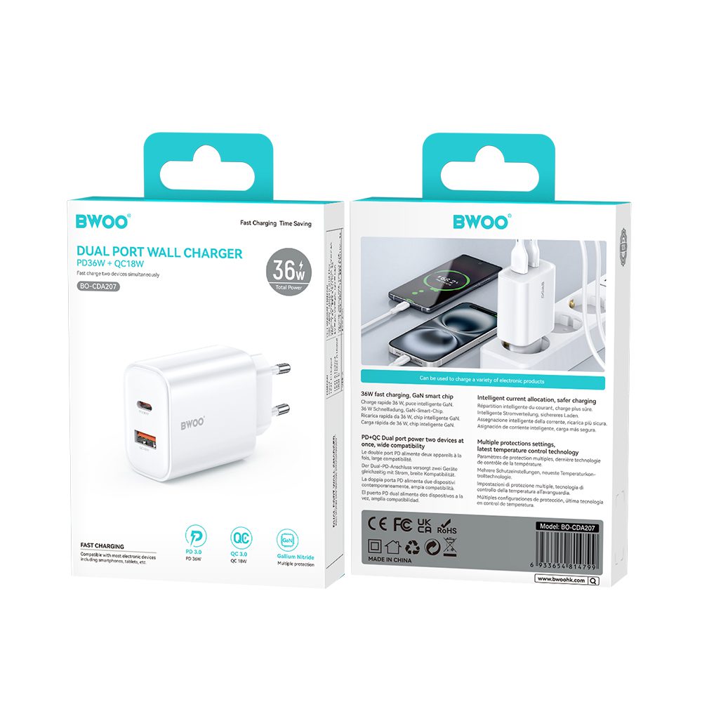 BWOO CDA207 PD wall charger 1x USB-A + USB-C port 36W white