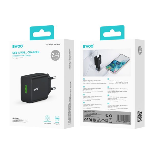BWOO wall charger CDA249 5V 2,4A USB-A, black