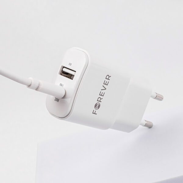 Forever TC-01-20AC PD QC charger 1x USB-C 1x USB 20W white + USB-C - Lightning cable 20W